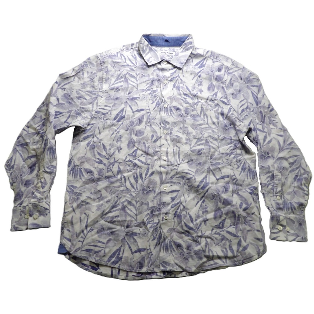 Tommy Bahama Men Button Down Shirt Floral Purple White Linen L AOP Reverse Print
